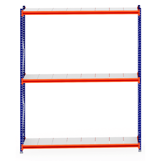 RackZone Longspan Shelving 600mm with steel panels, orange beams, blue supports.