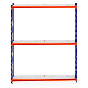 RackZone Longspan Shelving 600mm with steel panels, orange beams, blue supports.