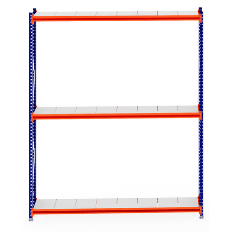 RackZone Longspan Shelving 600mm with steel panels, orange beams, blue supports.