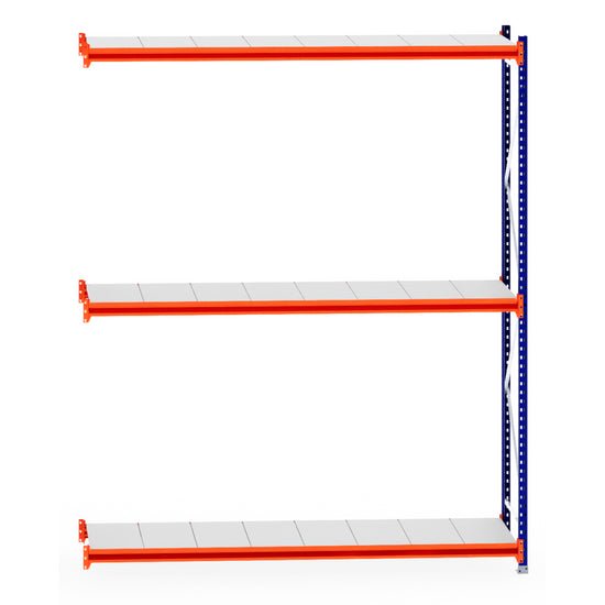 RackZone Longspan Extender: 600mm steel shelf, blue supports, orange beams.