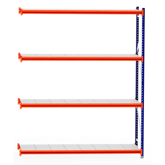 RackZone Longspan Extender Shelf, 600mm steel panels, orange/blue frame.