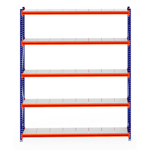 RackZone Longspan Shelving 600mm Steel Panels, blue frame & orange beams.