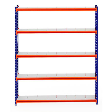 RackZone Longspan Shelving 600mm Steel Panels, blue frame & orange beams.