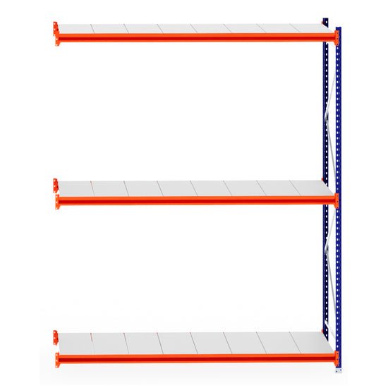 RackZone Longspan 800mm steel extender with orange beams and white shelves.