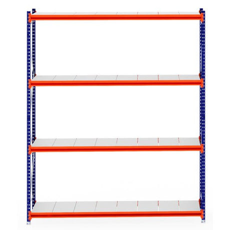 RackZone Longspan Shelving, 800mm deep, steel panels, orange/blue frame.