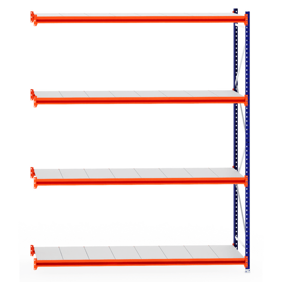 RackZone Longspan Extender, 800mm deep steel panels, orange/white shelving.