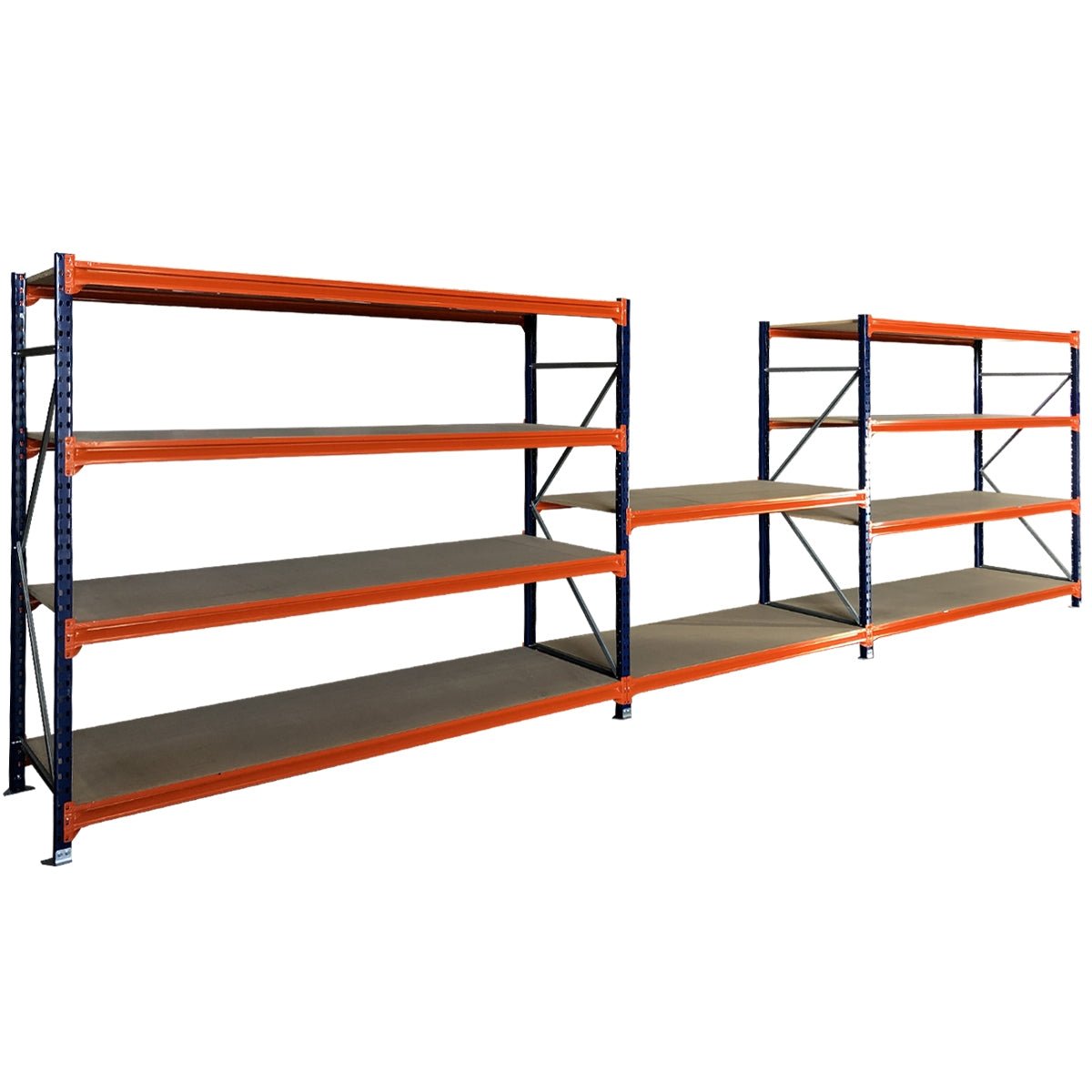 Two RackZone Longspan shelves with 4 shelves each; includes built-in workbench.