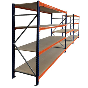 RackZone Longspan shelving with built-in workbench, four wooden shelves, empty.