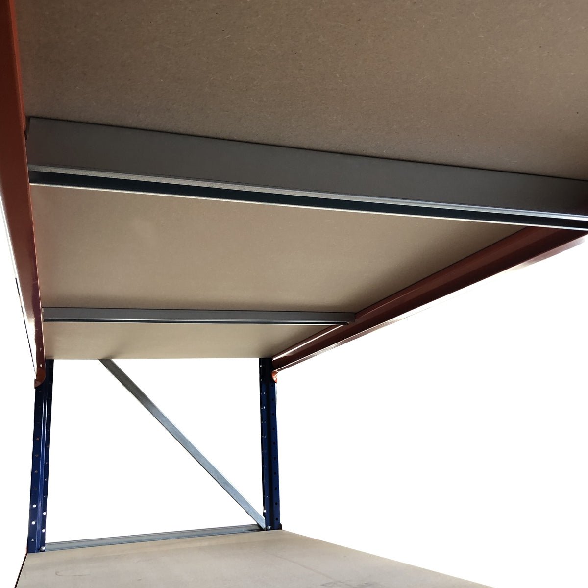 Underside view of RackZone Longspan shelving c/w Built-in Workbench.