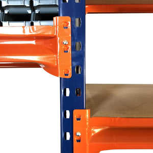 Close-up of RackZone Longspan shelving with built-in workbench and wood panels.