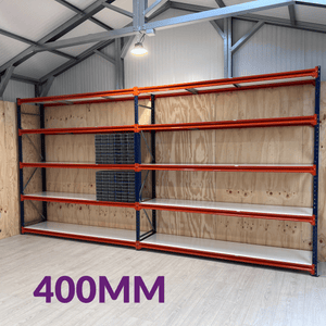 RackZone Longspan Shelving 400mm Starter, 5 shelves; "400MM" on the floor.