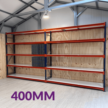 RackZone Longspan Shelving 400mm Starter, 5 shelves; "400MM" on the floor.