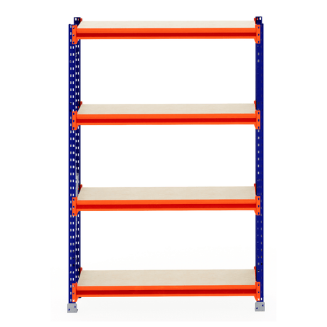 RackZone Longspan Shelving 400mm Laminated Timber Starter, orange/blue, empty.