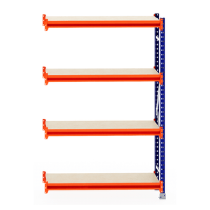 RackZone Longspan Shelving, 400mm, timber extender, 5 beige shelves, orange frame.