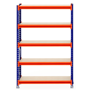 RackZone Longspan Shelving 400mm, laminated timber shelves, orange supports.