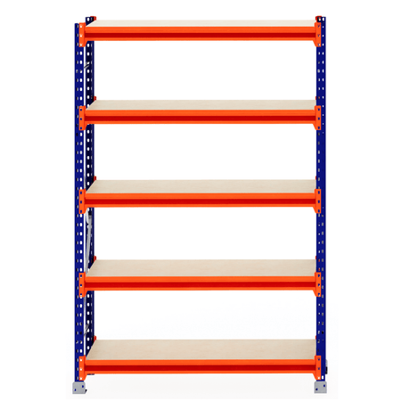 RackZone Longspan Shelving 400mm, laminated timber shelves, orange supports.