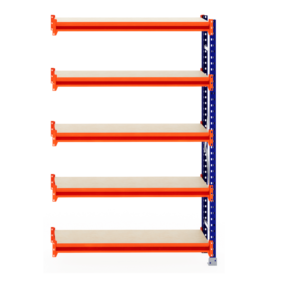RackZone Longspan Shelving 400mm with laminated timber shelves, extender unit.