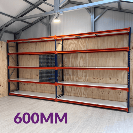 RackZone Longspan Shelving 600mm Depth Laminated Timber - Starter in foreground.