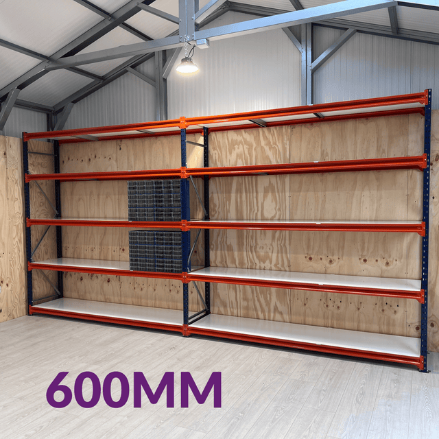RackZone Longspan Shelving 600mm Depth Laminated Timber - Starter in foreground.