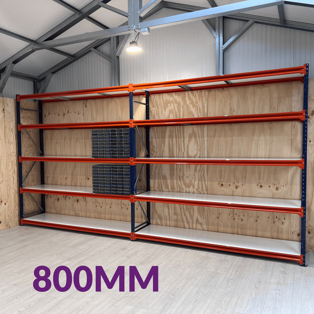 RackZone Longspan Shelving 800mm Depth Starter with orange beams in front.