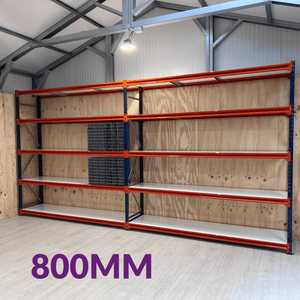RackZone Longspan Shelving 800mm Depth Starter with orange beams in front.