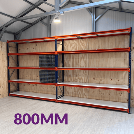 RackZone Longspan Shelving 800mm Depth Starter with orange beams in front.