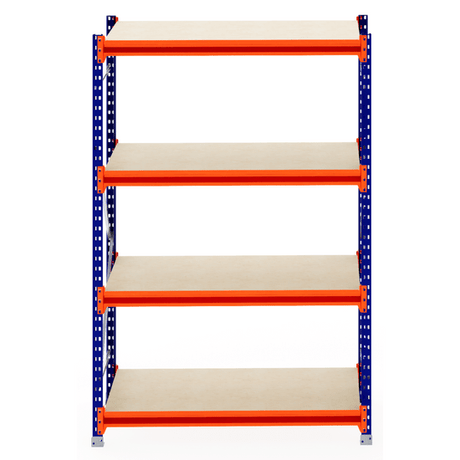 RackZone Longspan 5-tier shelving, 800mm deep, with orange/blue metal frame.