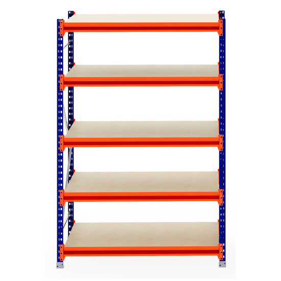 RackZone Longspan Shelving 800mm Depth Starter with blue frame and orange supports.