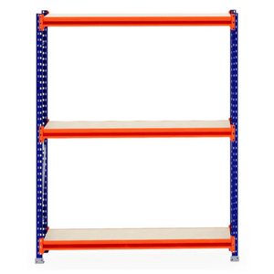 RackZone Longspan Shelving 400mm with laminated timber, blue & orange frame.