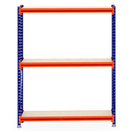 RackZone Longspan Shelving 400mm with laminated timber, blue & orange frame.