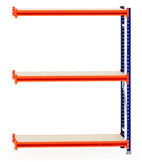 RackZone Longspan Shelving 400mm, laminated timber extender, blue & orange.