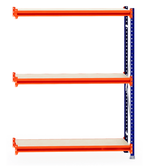 RackZone Longspan Shelving 400mm, laminated timber extender, blue & orange.