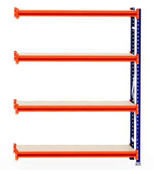 RackZone Longspan Shelving 400mm with laminated timber extender, orange/blue.