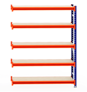 RackZone Longspan Shelving 400mm with laminated timber, orange and blue frame.