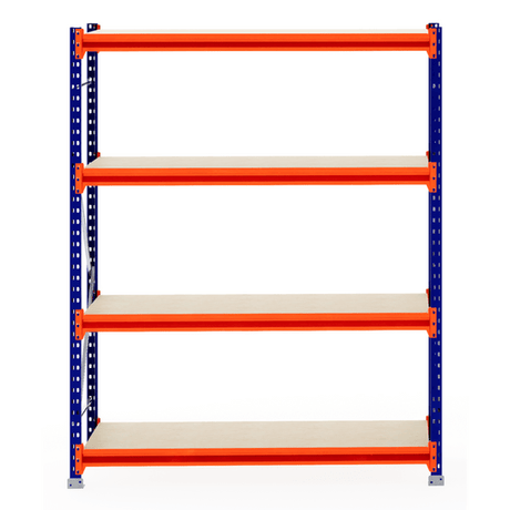 RackZone Longspan Shelving 600mm, 5 timber shelves, front view, empty.