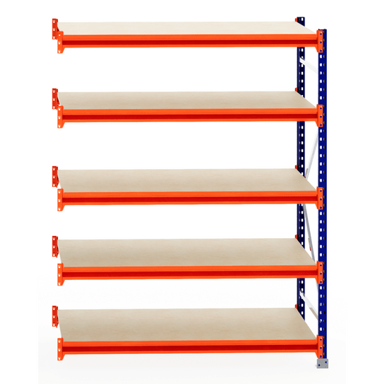 RackZone Longspan Shelving Extender, 800mm, timber shelves, orange supports.