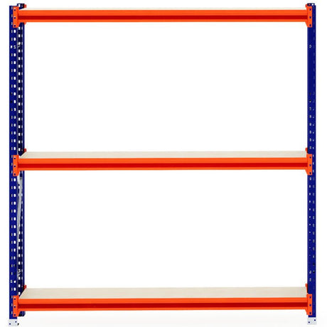 RackZone Longspan Shelving with 3 timber shelves, orange-blue frame, 400mm depth.