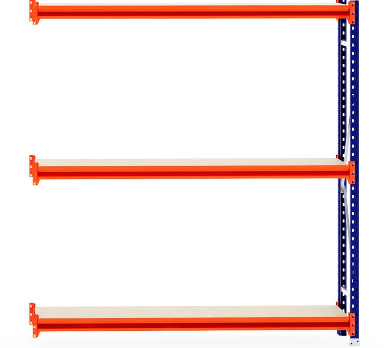 RackZone Longspan shelving, 400mm deep, laminated timber shelves, extender.