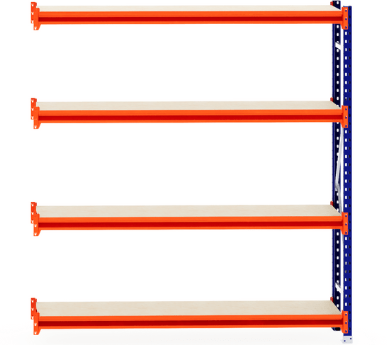 RackZone Longspan Shelving 400mm with laminated timber shelves, orange beams.