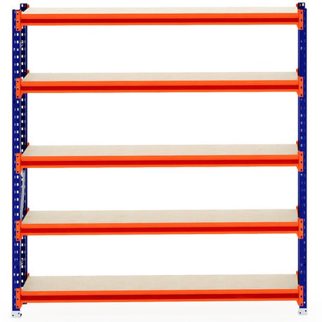RackZone Longspan Shelving 400mm Laminated Timber Starter, blue and orange frame.