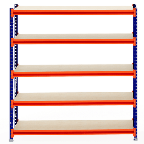 RackZone Longspan Shelving Starter, 600mm deep, orange beams, timber shelves.
