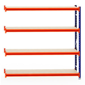 RackZone Longspan 600mm shelf, laminated timber, extender, orange beams.