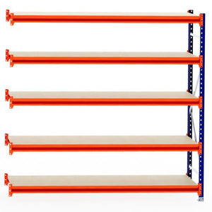 RackZone Longspan Shelving Extender, 600mm, laminated timber, orange beams.