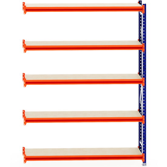 RackZone Longspan Shelving, 400mm deep, laminated timber shelves, orange supports.