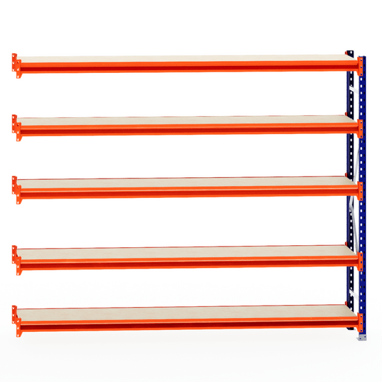 RackZone Longspan Shelving 400mm with laminated timber shelves, extender unit.