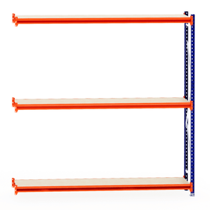RackZone Longspan Shelving 400mm with laminated timber, orange/blue frame.