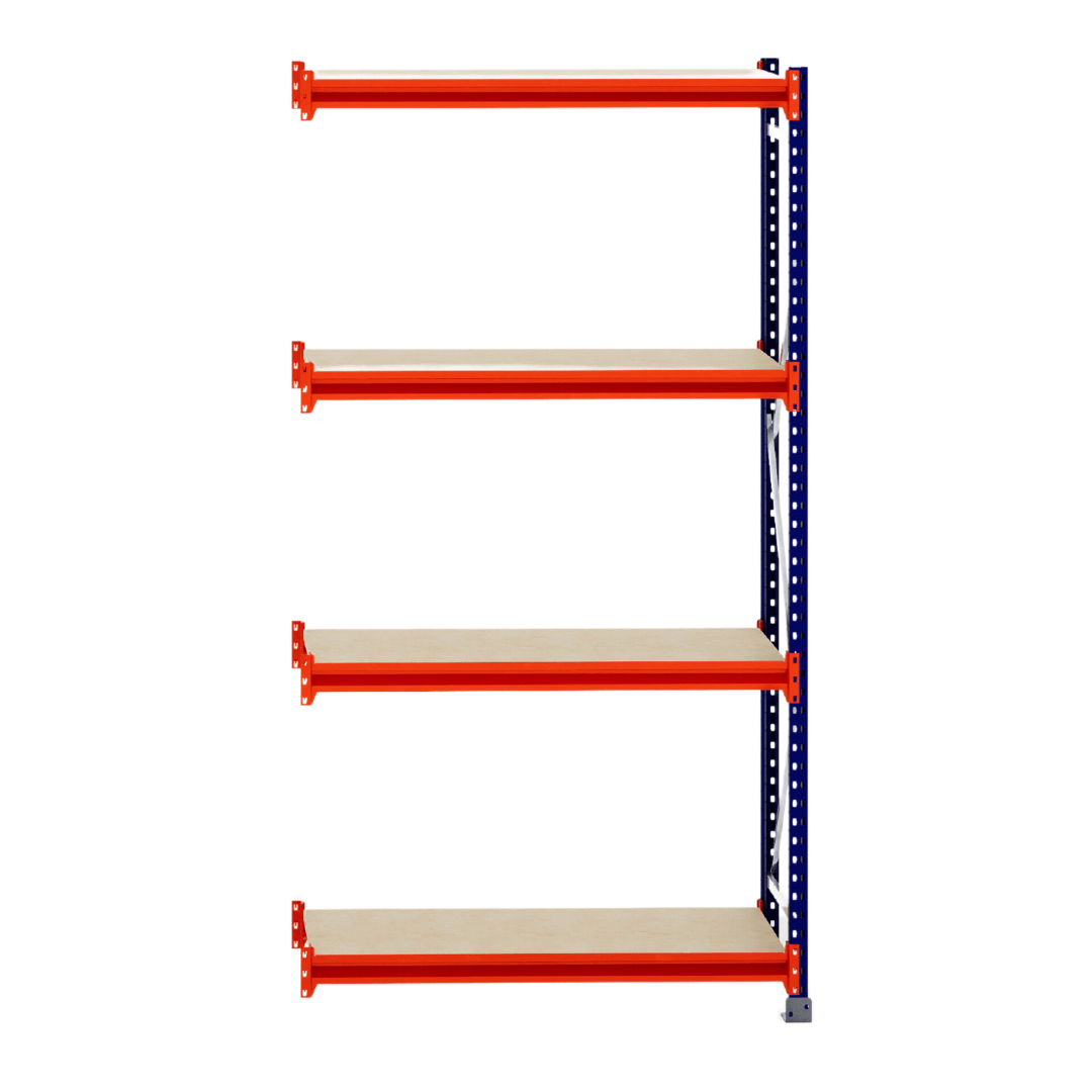 RackZone Longspan 400mm shelving with laminated timber shelves on white.