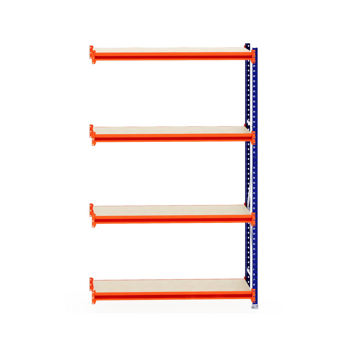 RackZone Longspan Shelving 400mm, laminated timber, orange/blue frame.