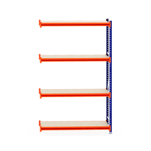 RackZone Longspan Shelving 400mm, laminated timber, orange/blue frame.