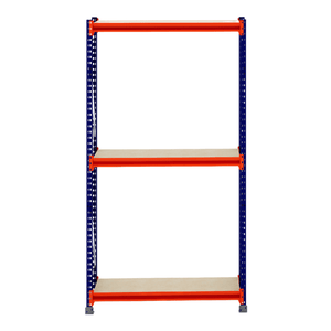 RackZone Longspan Shelving, 3 wood shelves, blue-orange frame, 400mm depth.